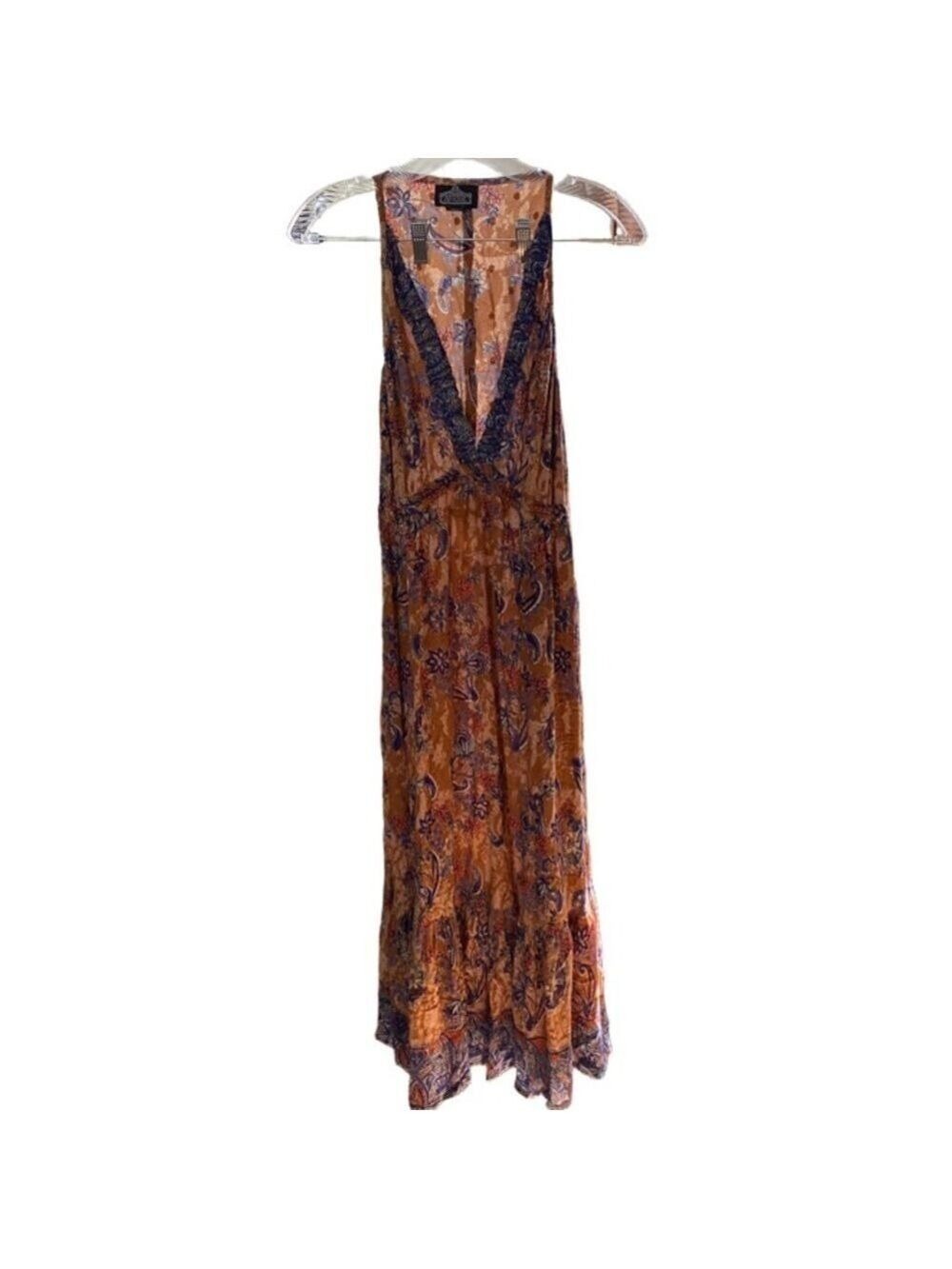 Women's Angie Dress, Floral Paisley Print Rust Blue Size S - Picture 3 of 6